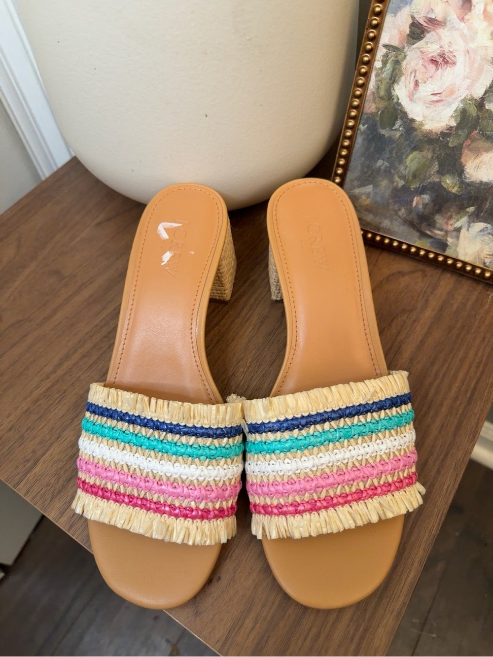 J.Crew Rainbow Raffia Woven Mule Sandals Block Heel Boho Size 7 - Picture 4 of 8